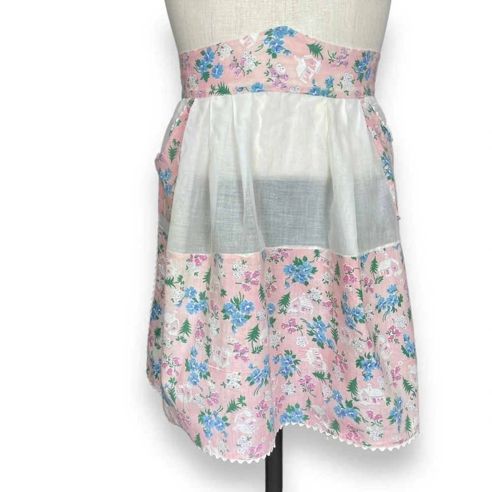 Vintage Half Apron Hostess Wedding Chapel Church Floral Pattern Sheer White Pink